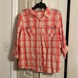 Coral plaid button down shirt